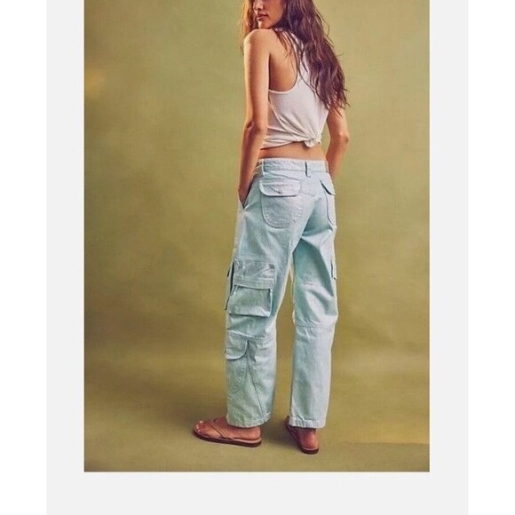 We the free Lap Of Luxury Barrel Cargo Jeans Metallic Coating Aqua Marine 26 NEW - Picture 5 of 8